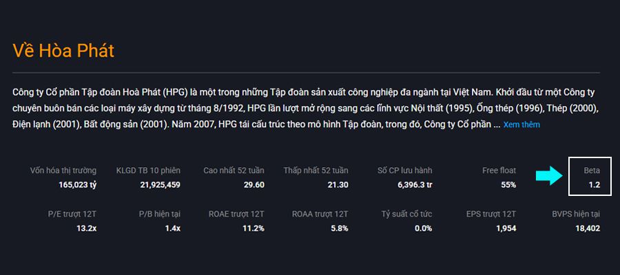 hệ số beta của HPG dùng để tính chi phí vốn chủ sở hữu trong công thức tính WACC