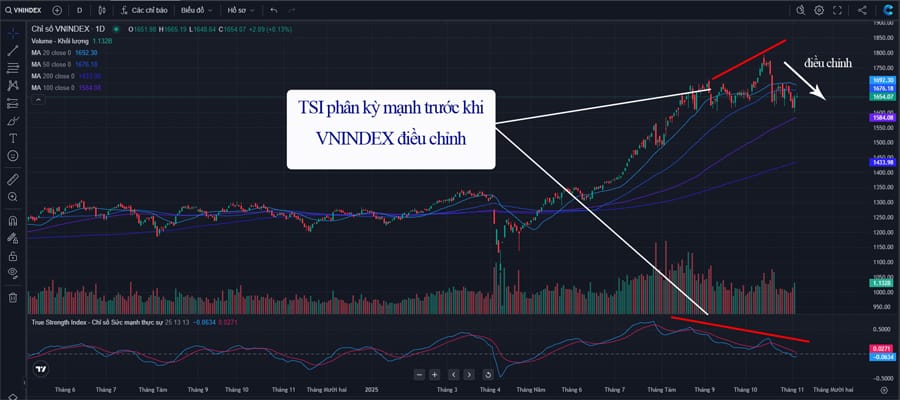 VNINDEX đảo chiều giảm sau khi TSI phân kỳ