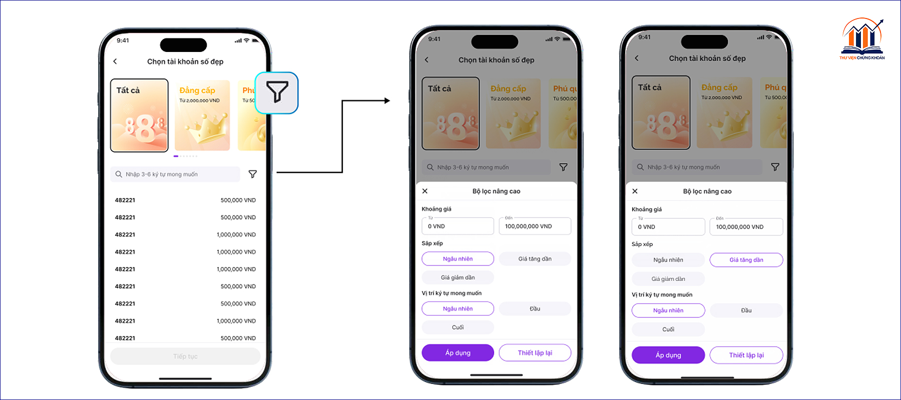 bộ lọc chọn số đẹp khi mở tài khoản chứng khoán VPS trên app SmartOne
